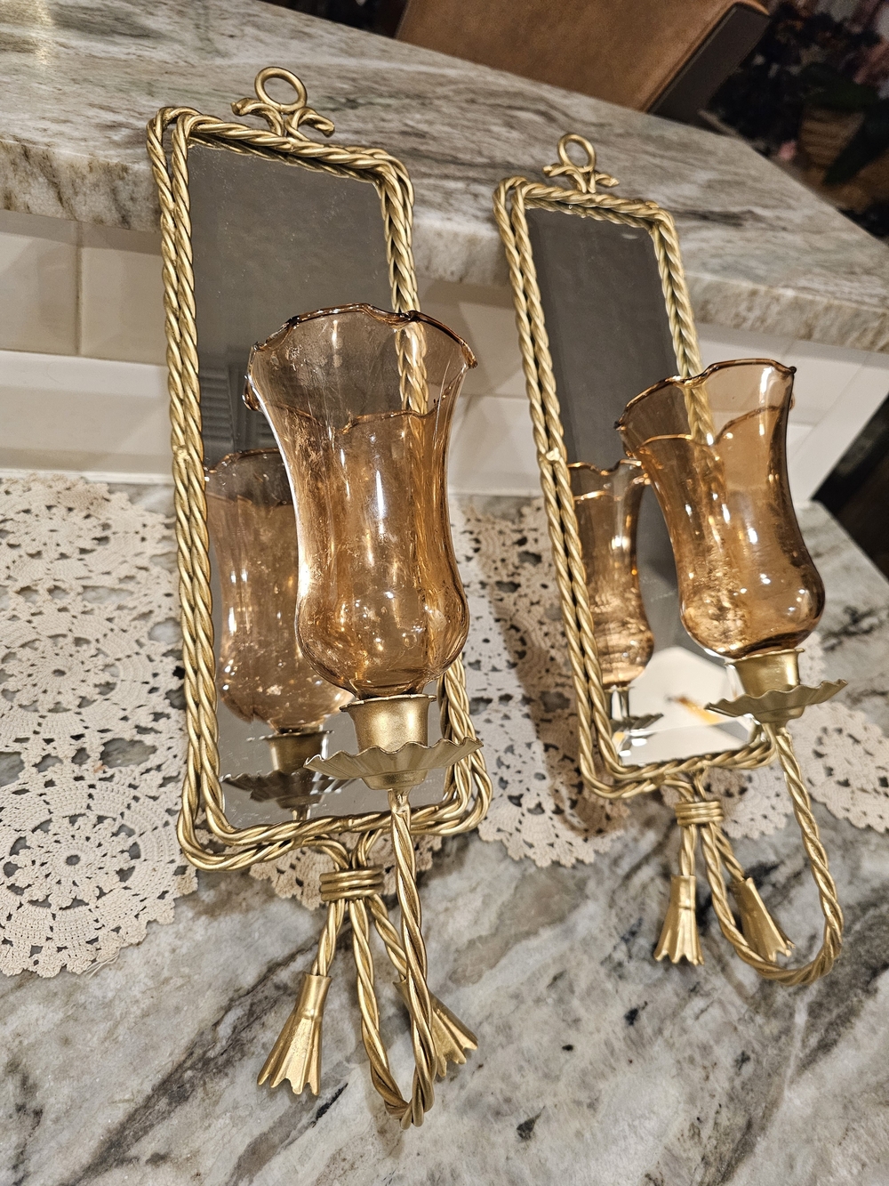 Gold-Tone Wall Sconce Mirror with Amber Rufled Top Glass Shade - Home Accents